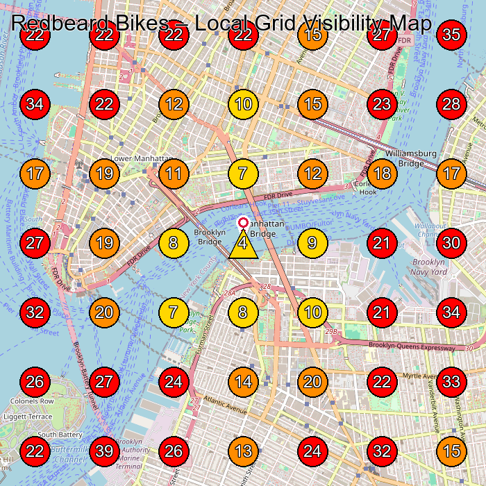 Redbeard Bikes GeoGrid visibility map for Bicycle Store in New York